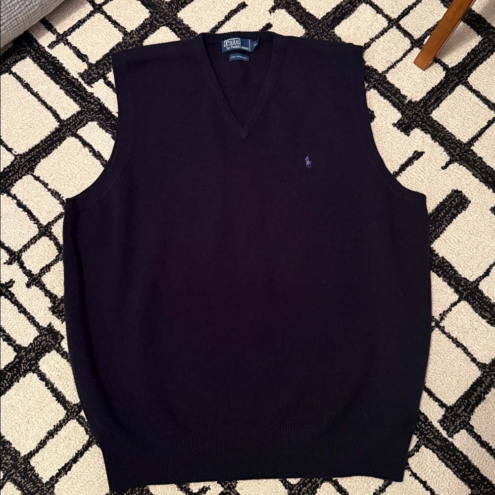 Polo Ralph Lauren Sweater Vest Men XXLARGE 100% Lambswool navy blue V-NECK LOGO